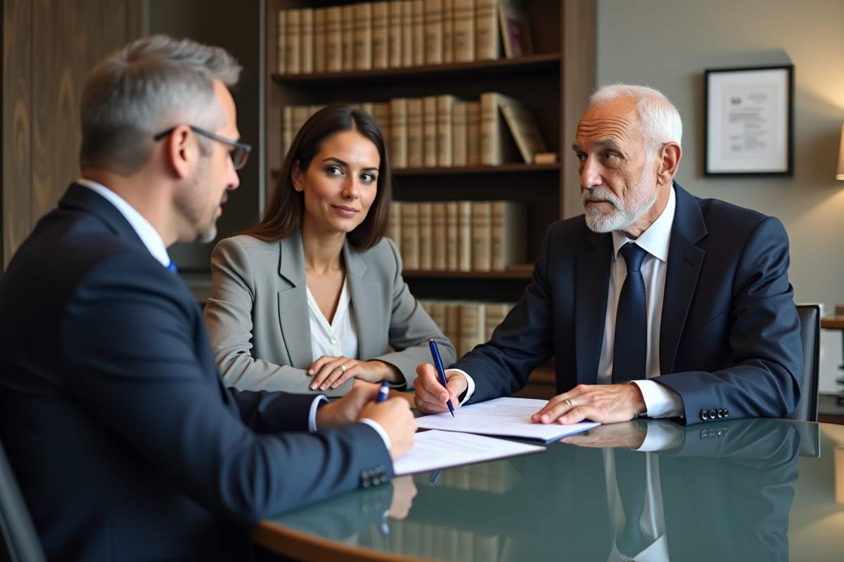 Notaire professionnel avec couple signant documents héritage