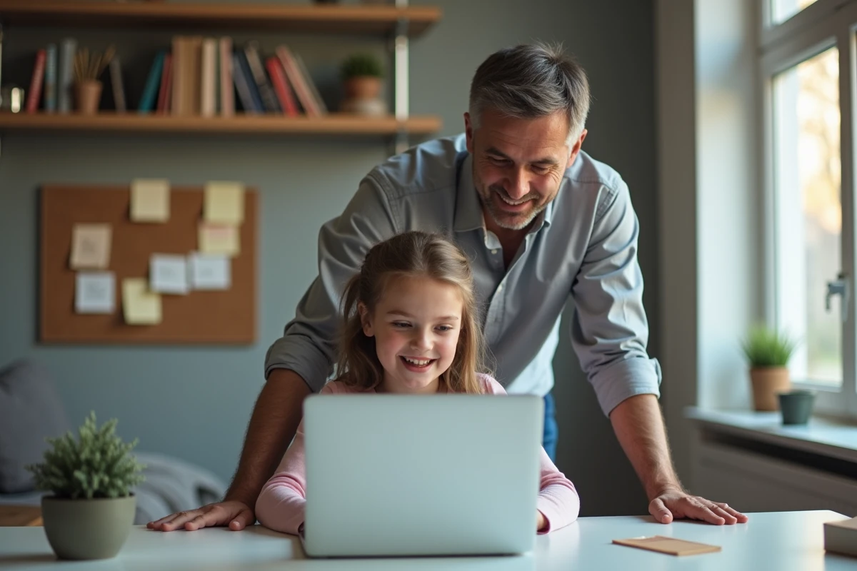 Pere et fille interagissant avec un ordinateur à la maison