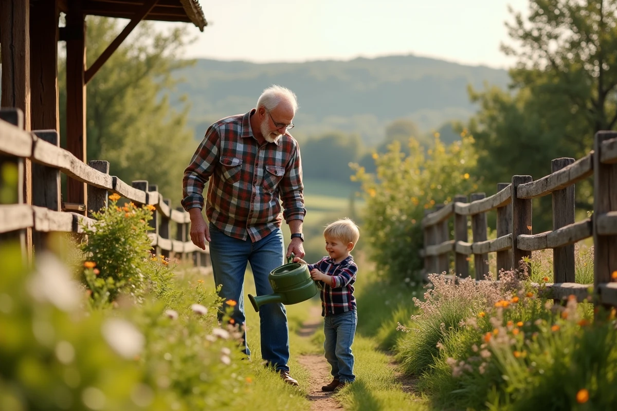 Papy aidant son petit-enfant à arroser des fleurs dans un jardin rural