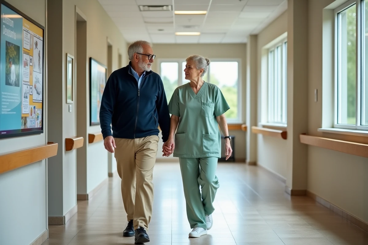 Patient atteint de démence jeune se promenant dans le couloir d'une unité de soins spécialisée accompagné par une soignante