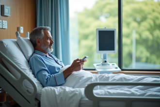 Patient d'âge moyen utilisant une télécommande pour ajuster son lit d'hôpital