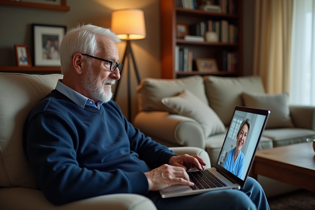 Personne âgée en appel vidéo avec un gestionnaire de service LogisFil depuis son salon, illustrant la télégestion à domicile