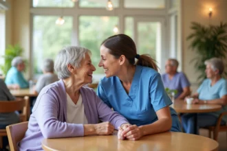 Personne âgée souriante avec une soignante dans la salle commune d'un EHPAD, atmosphère chaleureuse et bienveillante