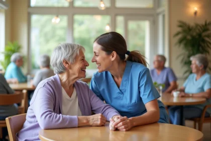 Personne âgée souriante avec une soignante dans la salle commune d'un EHPAD, atmosphère chaleureuse et bienveillante