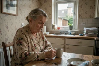 Femme âgée seule à sa table de cuisine, regard perdu, illustrant l'isolement d'une personne vulnérable
