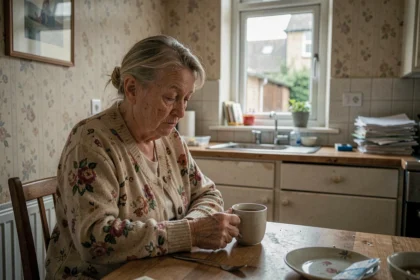 Femme âgée seule à sa table de cuisine, regard perdu, illustrant l'isolement d'une personne vulnérable