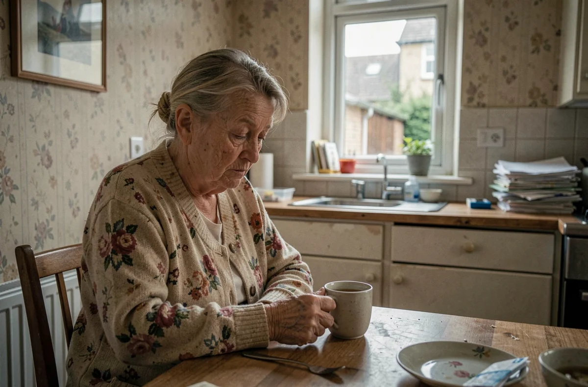 Femme âgée seule à sa table de cuisine, regard perdu, illustrant l'isolement d'une personne vulnérable