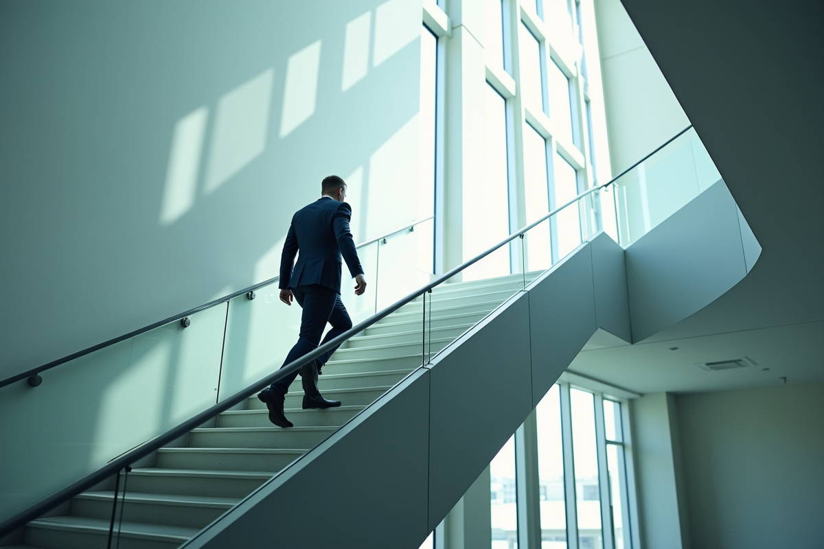 Personne déterminée montant un escalier moderne en entreprise