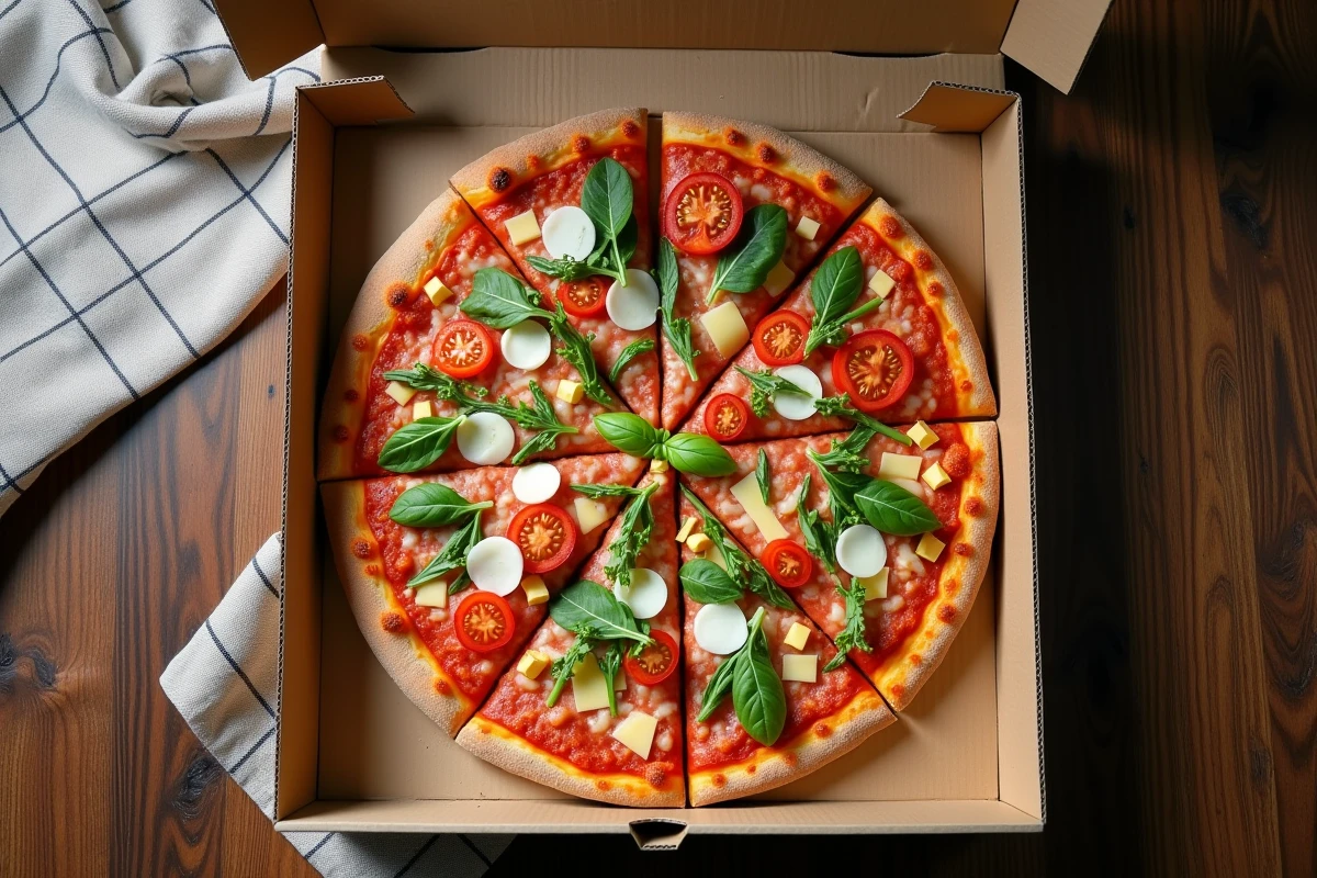Pizza entière dans sa boîte ouverte vue de dessus montrant la taille standard avec garniture prosciutto et roquette
