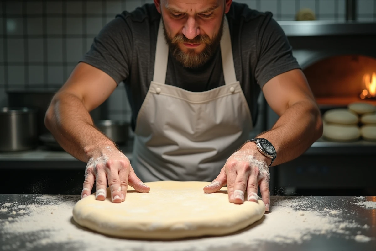 Pizzaïolo étirant une pâte à pizza de grande taille dans une cuisine professionnelle de pizzeria