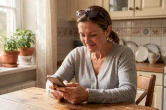 Proche aidante soulagée consultant une application de suivi sur son smartphone dans une cuisine familiale chaleureuse