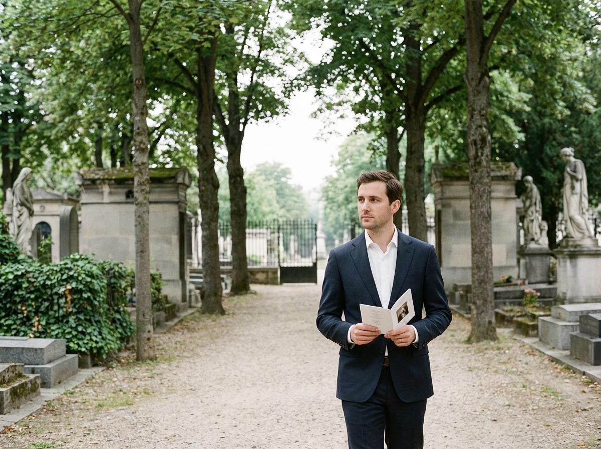 Jeune homme en costume noir dans un cimetière parisien