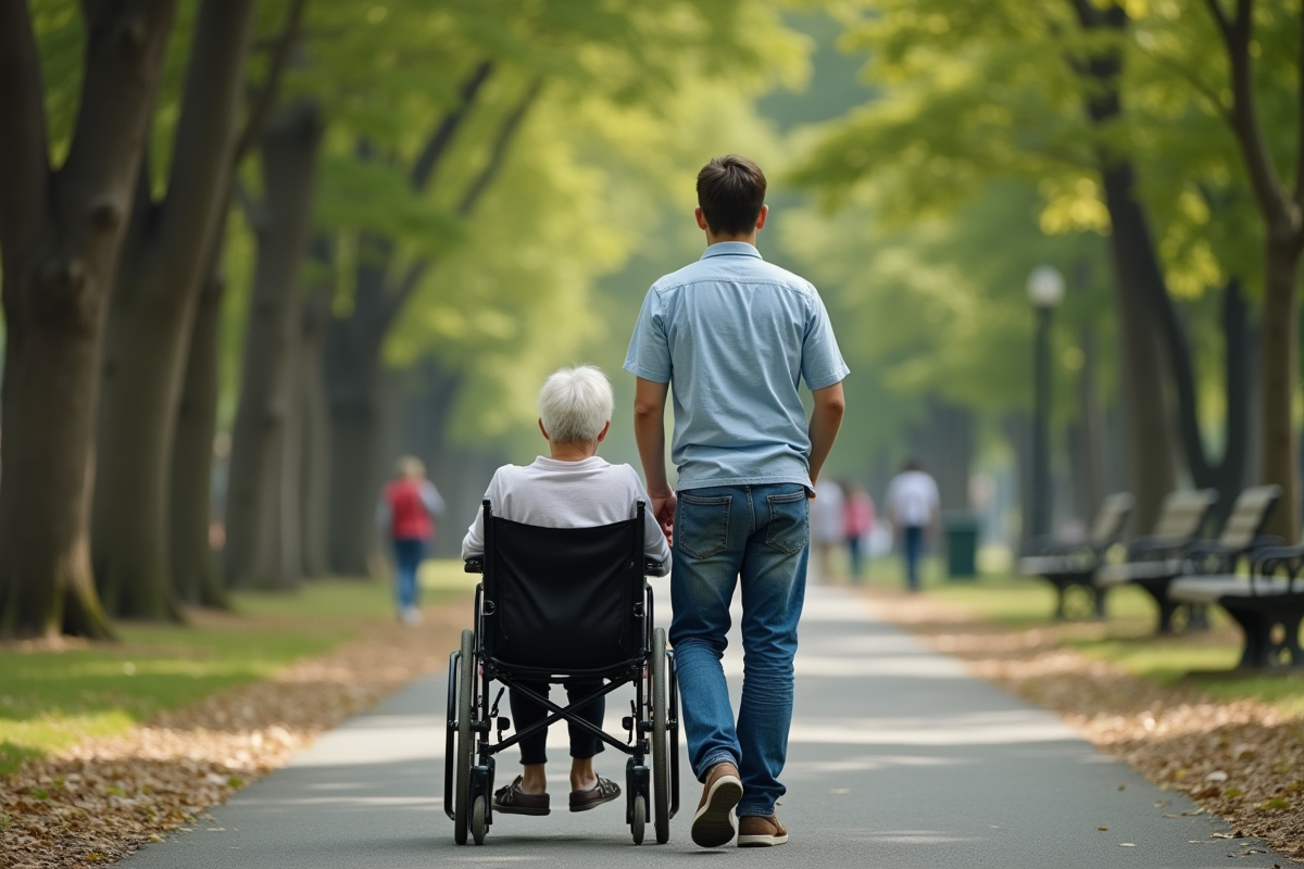 Fils poussant la mère en fauteuil dans un parc paisible