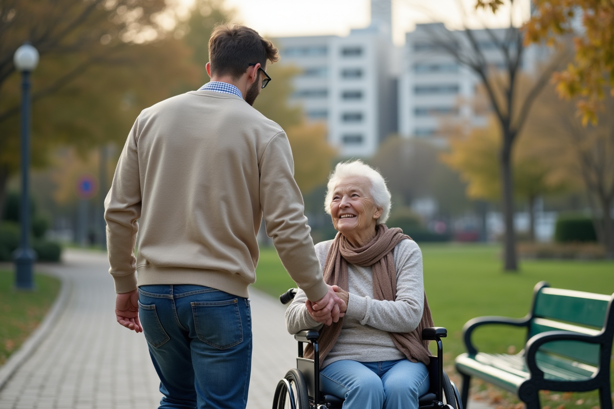 Jeune homme poussant une personne âgée en fauteuil dans un parc urbain