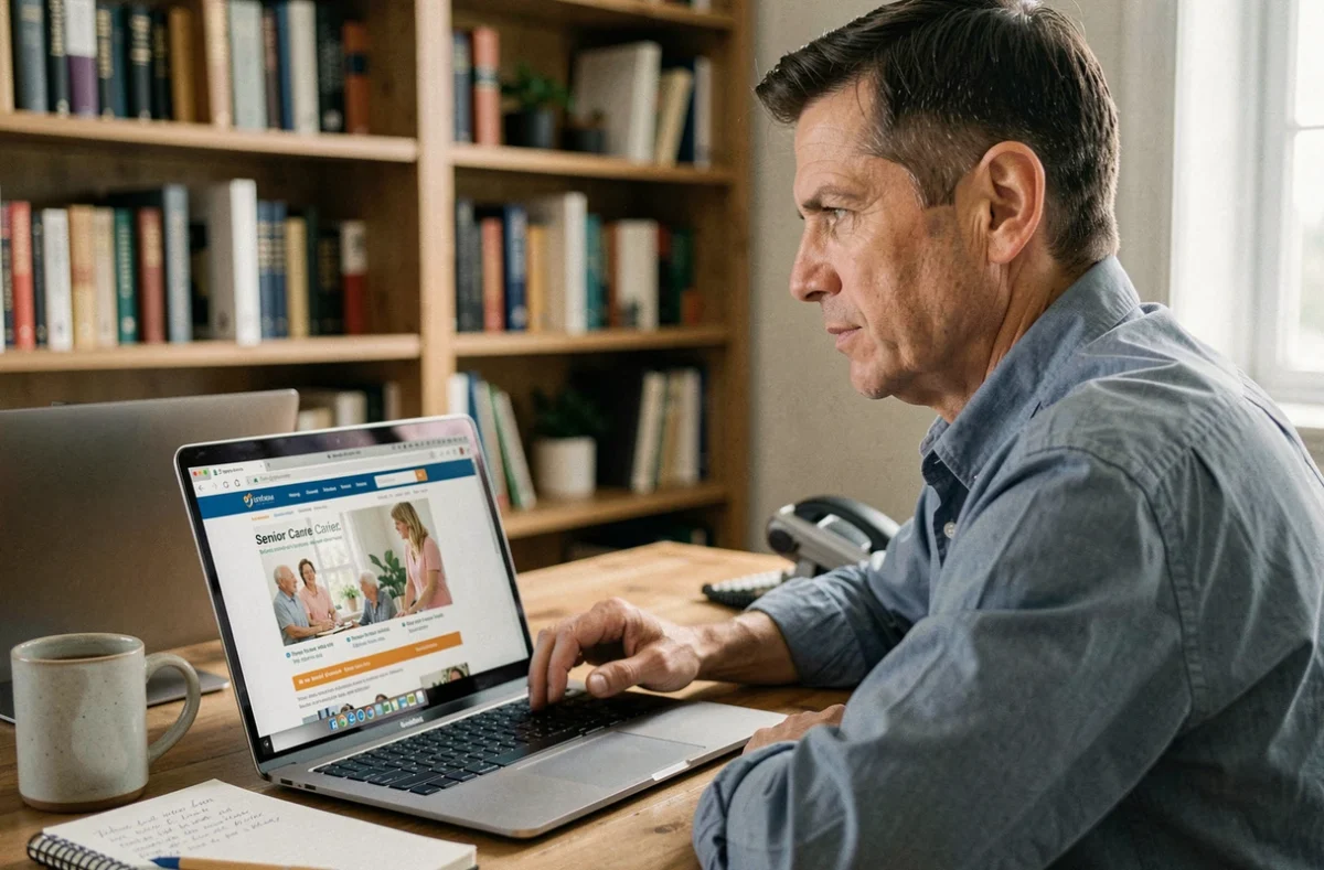 Un homme recherche une maison de retraite en ligne depuis son bureau à domicile sur le site Seniorhome.fr