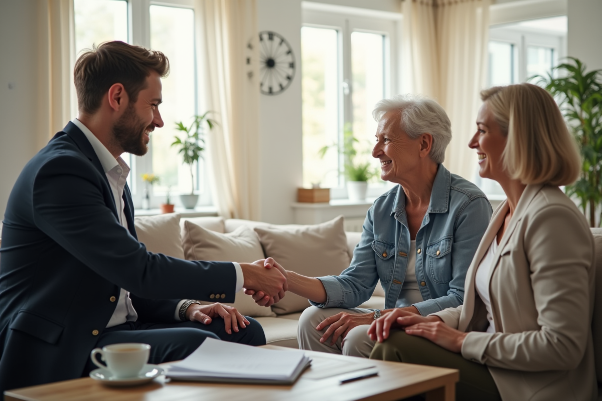Homme et femme senior serrant la main avec une assistante sociale