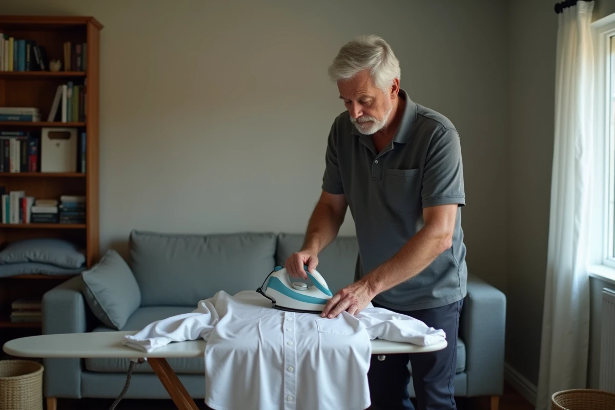 Homme repassant une chemise blanche dans un salon avec planche à repasser pour illustrer le repassage à domicile