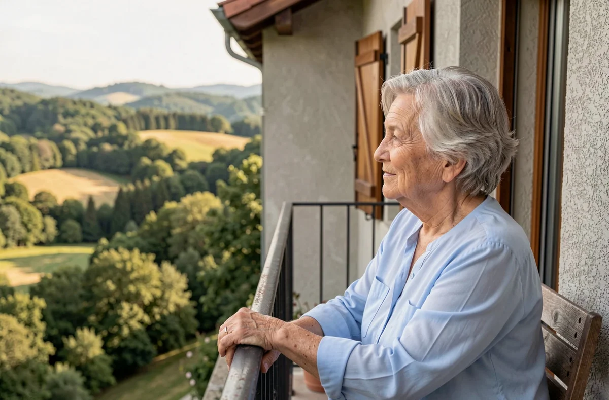 Résidente âgée sur le balcon de la Résidence Bel Air à Ambérieu-en-Bugey avec vue sur les collines boisées