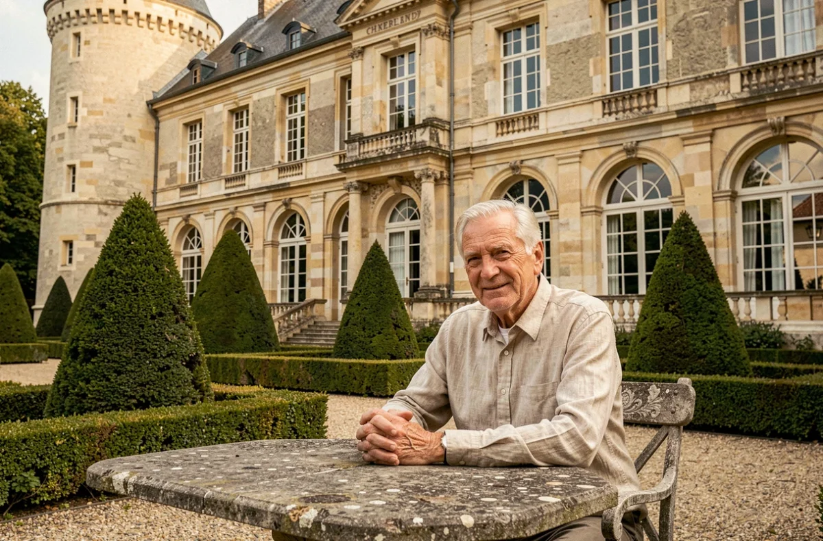 Résident élégamment installé dans le jardin à la française de la Résidence du Château à Trévoux avec la façade historique en arrière-plan
