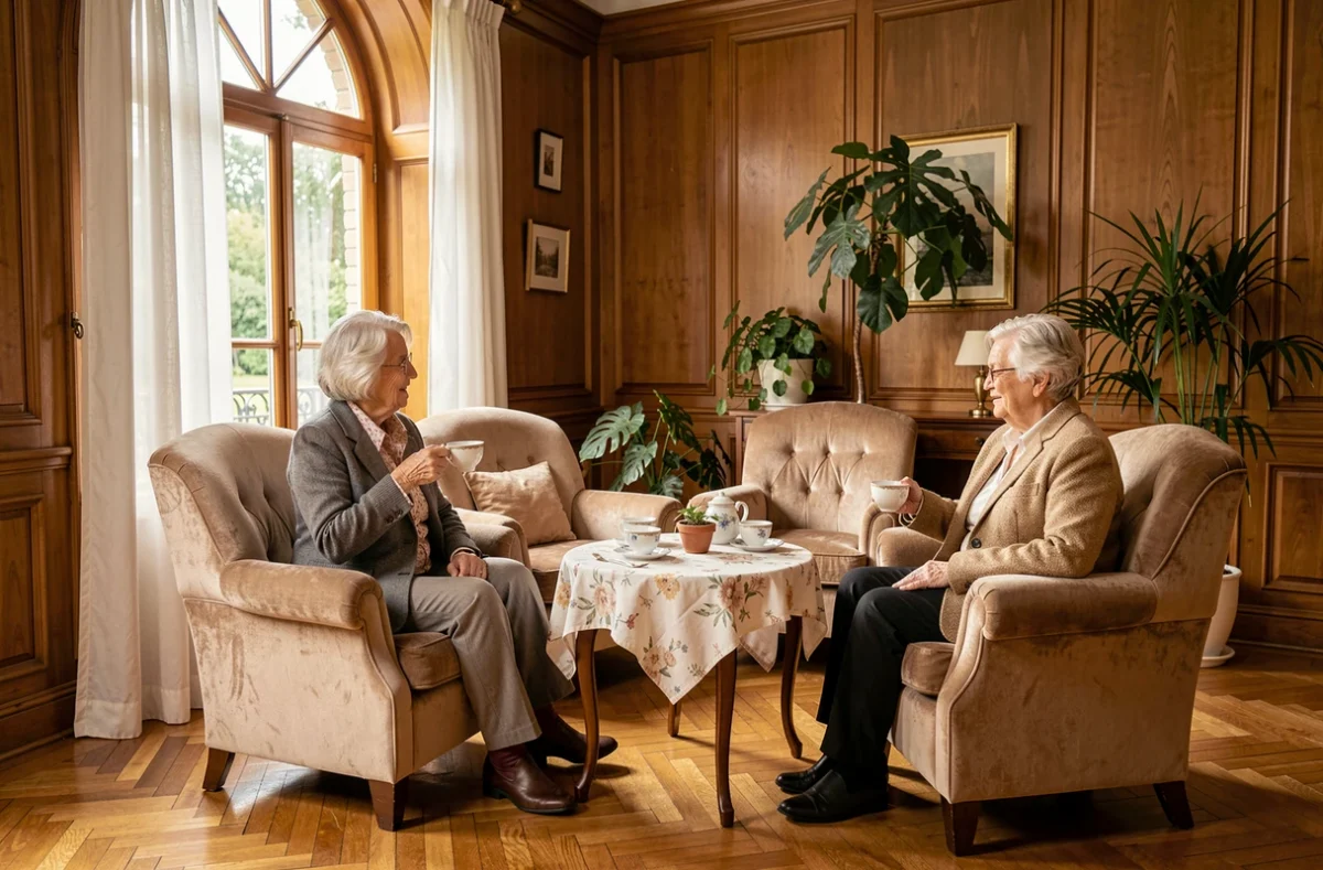 Salon confortable de la Résidence La Pergola à Bourg-en-Bresse avec deux résidentes âgées prenant le thé