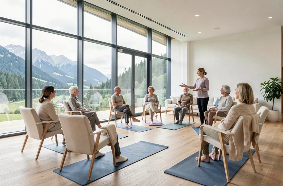 Séance de yoga doux animée dans la salle commune lumineuse de la Résidence Les Allinges à Gex avec vue sur les collines du Jura