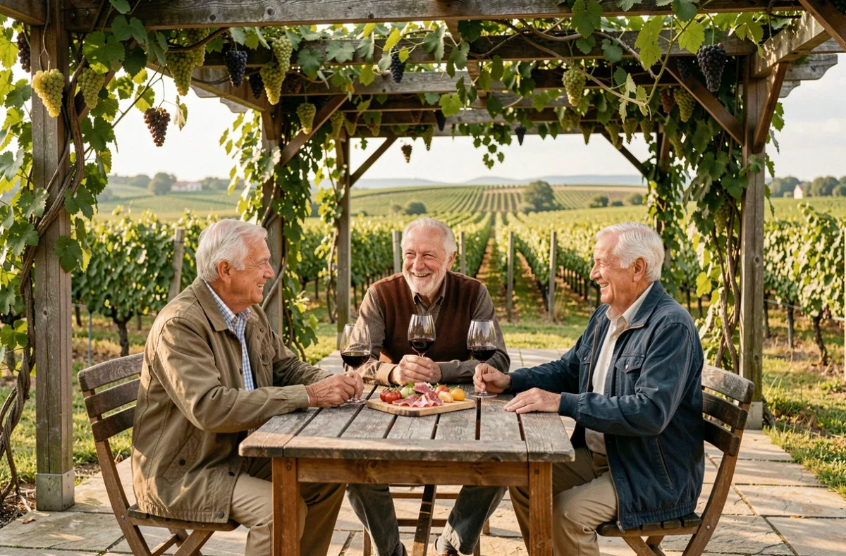 Résidents de la Résidence Les Cépages à Gaillac partageant un verre en terrasse entourée de vignes