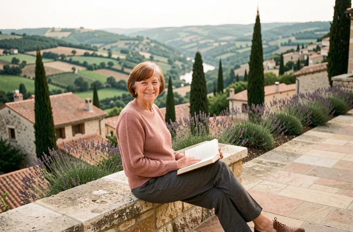 Résidente de la Résidence Les Terrasses à Rabastens lisant sur la terrasse avec vue sur le village et la vallée
