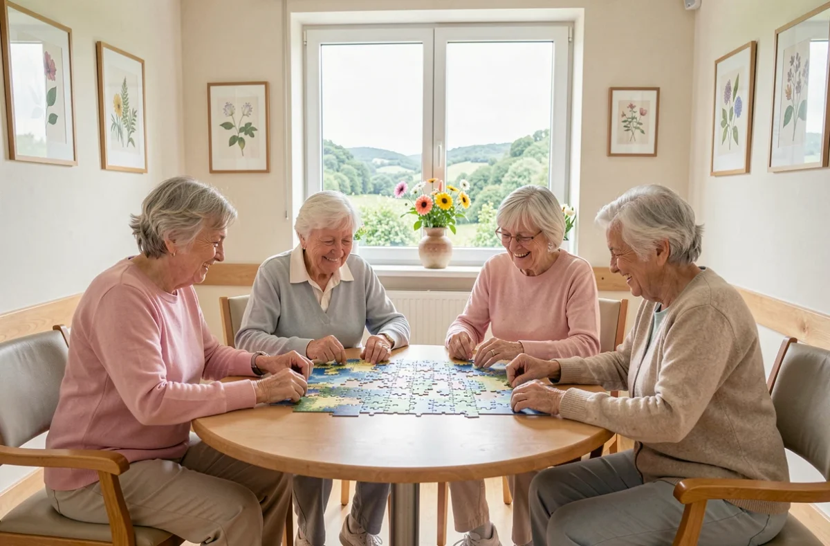 Groupe de résidentes de la Résidence Marie Rivier à Brassac partageant un moment de puzzle dans la salle commune