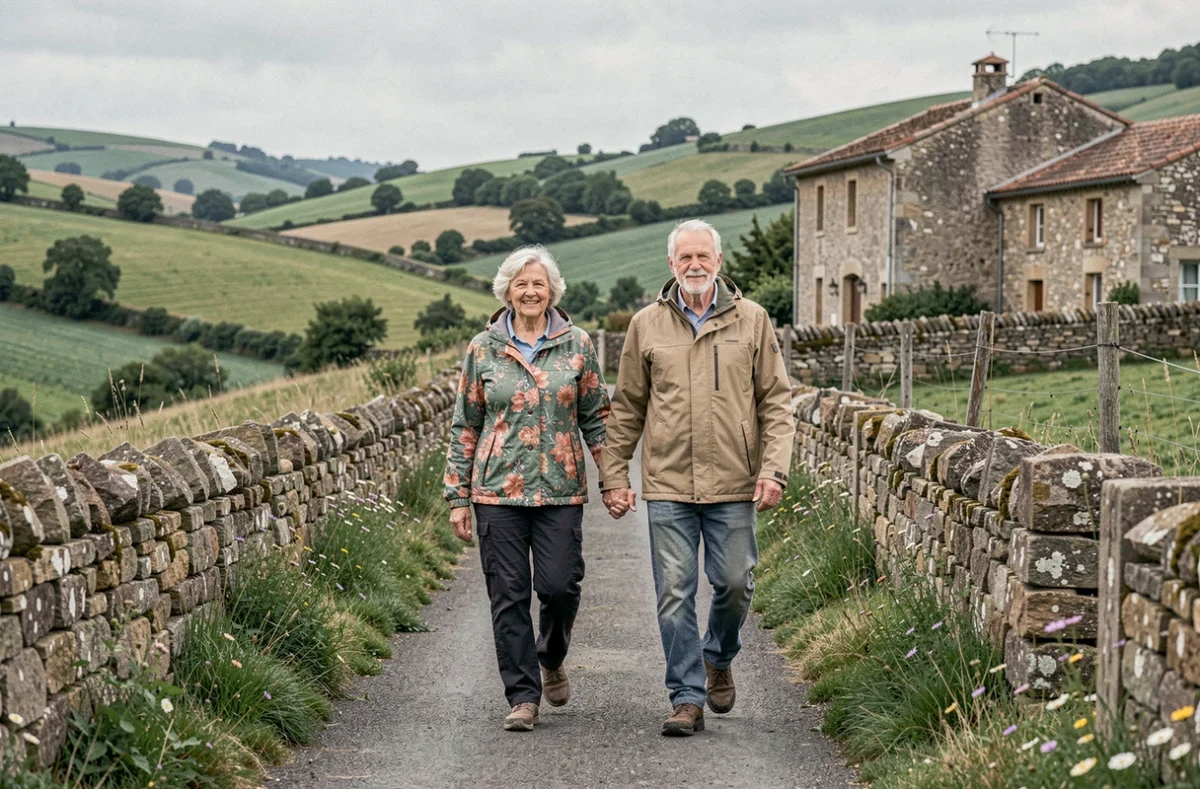 Couple de résidents de la MARPA Le Ségali à Valderiès se promenant sur un chemin de campagne du Ségala