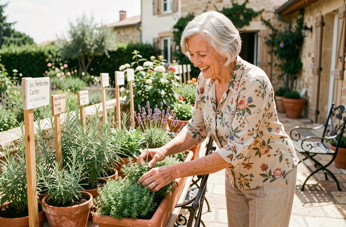 Résidente de la Résidence Les Herboristes à Castres soignant un jardin d'herbes aromatiques sur la terrasse