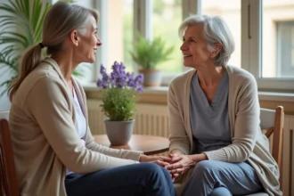 Résidente senior en conversation avec une aide-soignante dans une maison de retraite moderne à Nîmes
