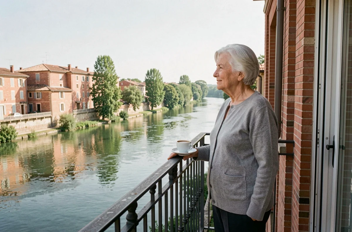 Résidente de la Résidence Stella Les Rives du Tarn à Albi profitant de la vue sur le fleuve depuis son balcon