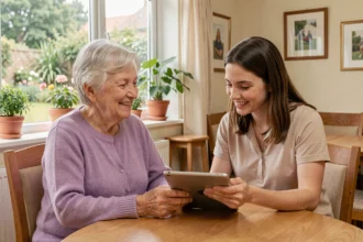 Une résidente d'une maison de retraite et une aide-soignante consultent ensemble une tablette dans un salon chaleureux