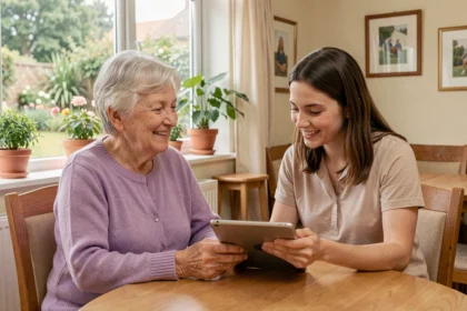 Une résidente d'une maison de retraite et une aide-soignante consultent ensemble une tablette dans un salon chaleureux
