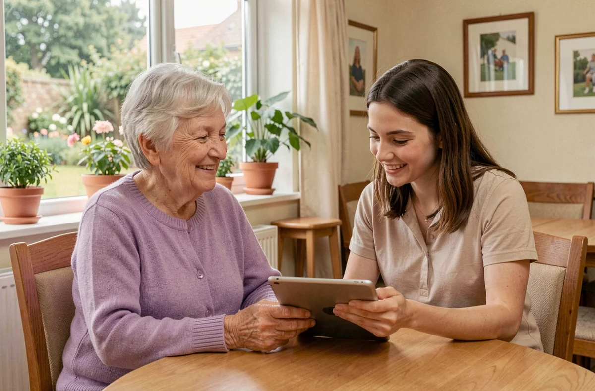 Une résidente d'une maison de retraite et une aide-soignante consultent ensemble une tablette dans un salon chaleureux