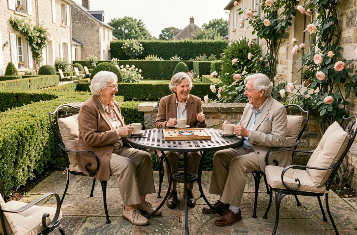 Trois résidents seniors profitent d'un moment convivial en terrasse dans le jardin d'une maison de retraite de qualité