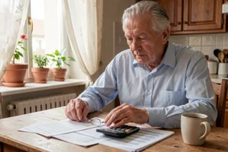 Retraité de 68 ans consultant ses documents de retraite Agirc-Arrco à domicile