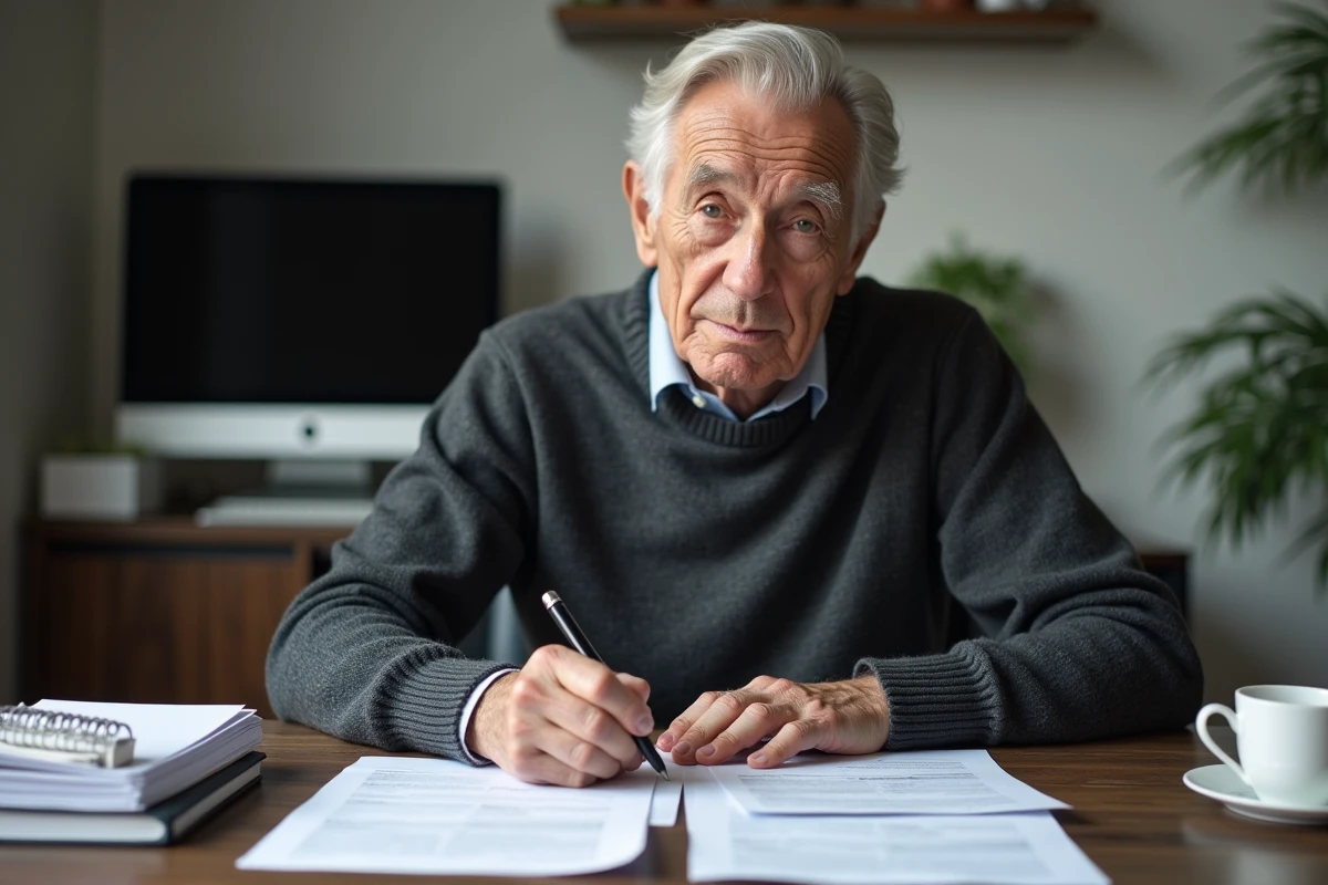Homme retraité remplissant sa déclaration d'impôts à son bureau pour bénéficier de l'abattement fiscal de 10%