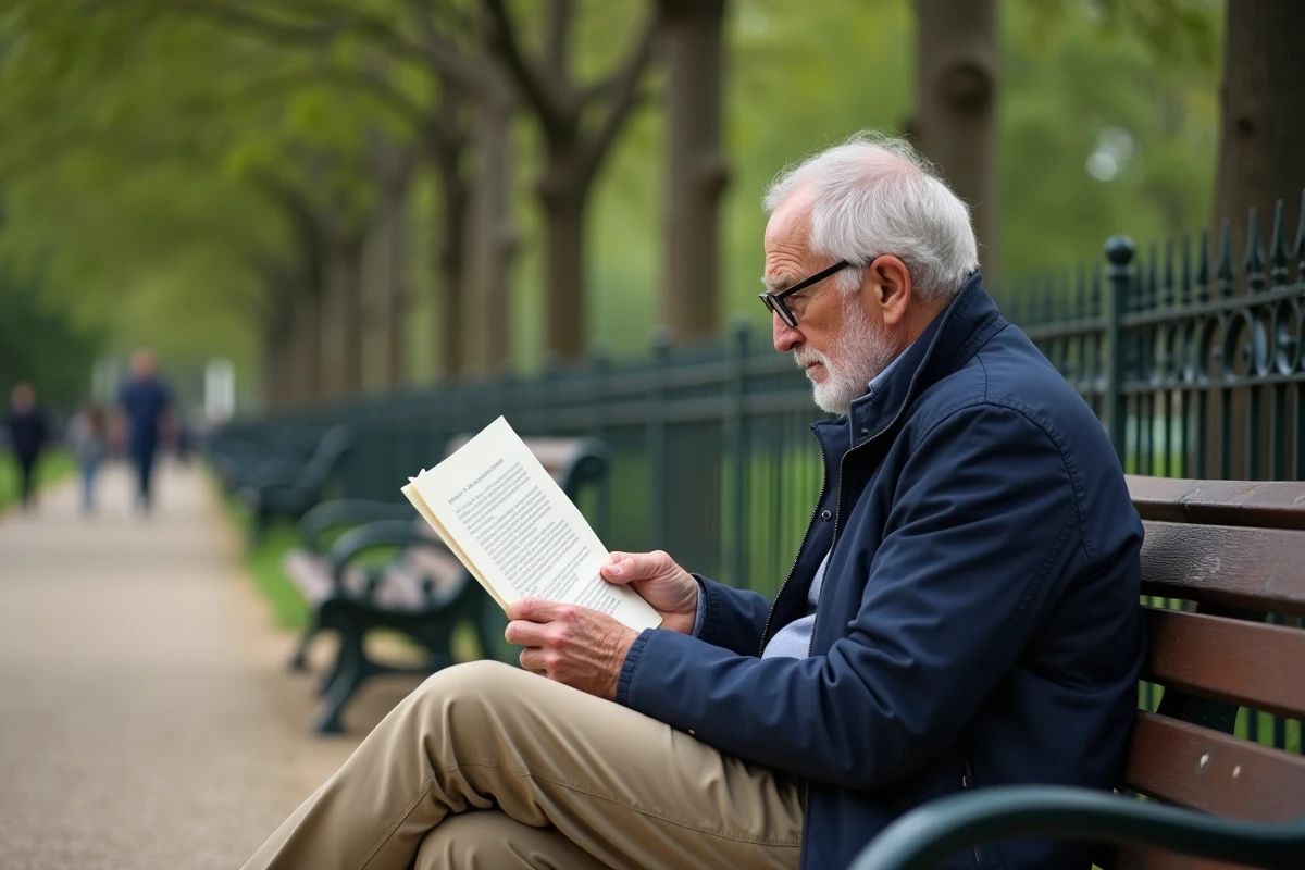 Homme retraité lisant une lettre administrative concernant ses droits à l'AAH et à la retraite complémentaire dans un jardin public