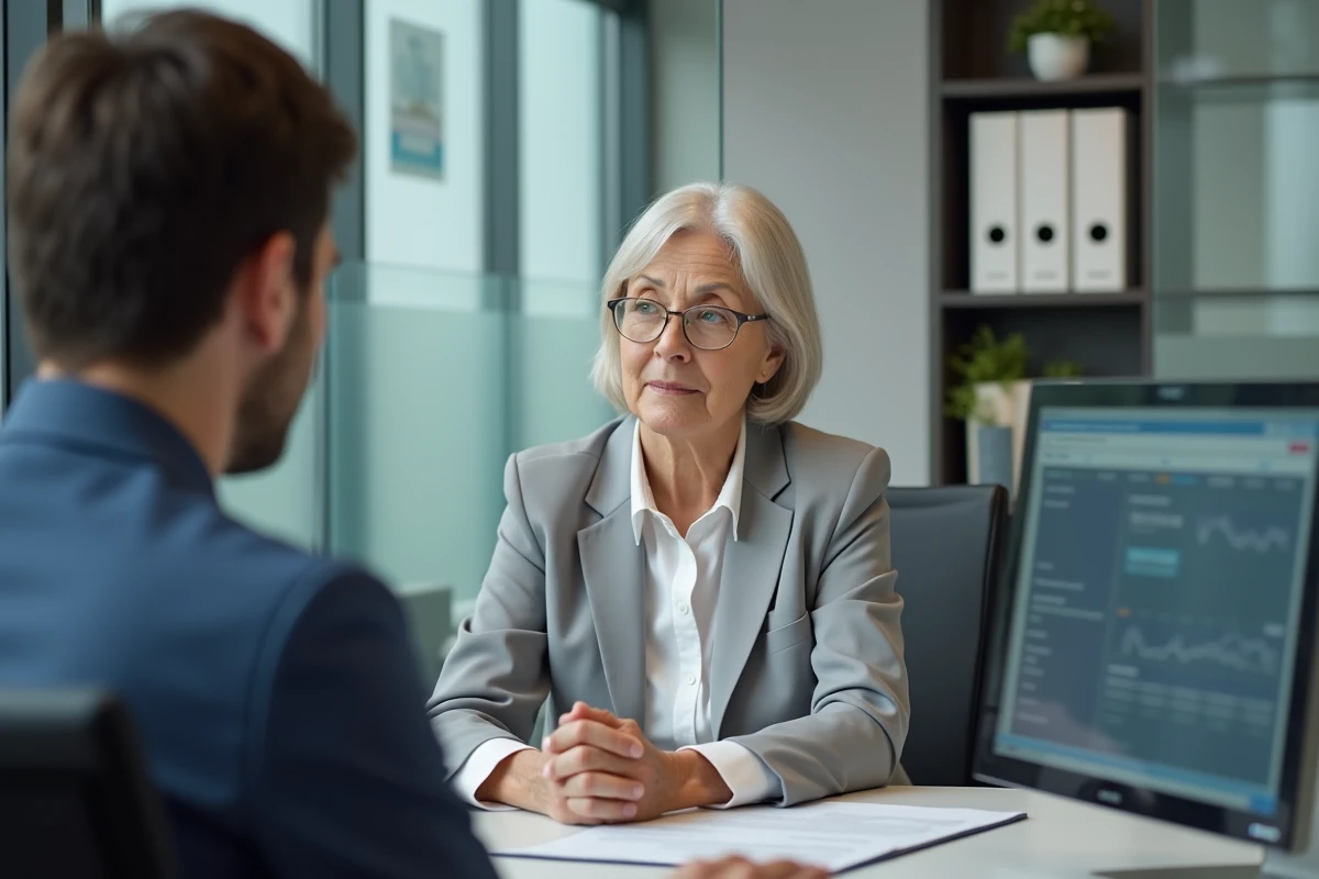 Retraitée en rendez-vous avec un conseiller pour connaître ses droits et avantages CCUES SG