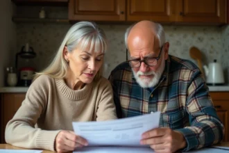 Couple de retraités français examinant leurs relevés de pension Agirc-Arrco à la maison