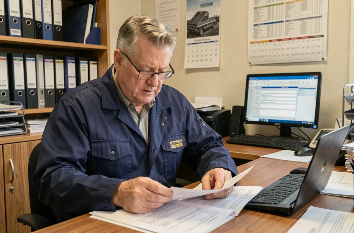Routier expérimenté en fin de carrière consultant ses dossiers de départ anticipé dans un bureau syndical