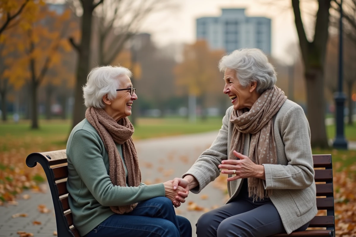 Seniors se saluant dans un parc en automne avec feuilles dorées