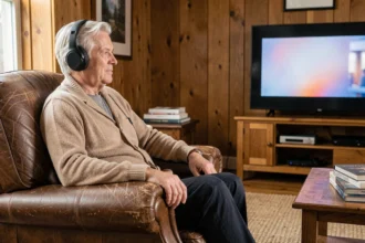 Senior homme portant un casque TV sans fil dans son salon confortable regardant la télévision seul