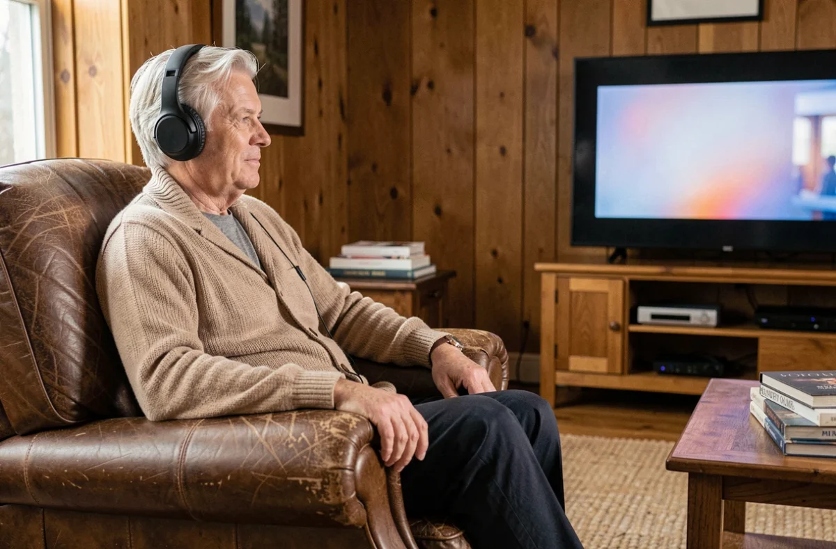 Senior homme portant un casque TV sans fil dans son salon confortable regardant la télévision seul