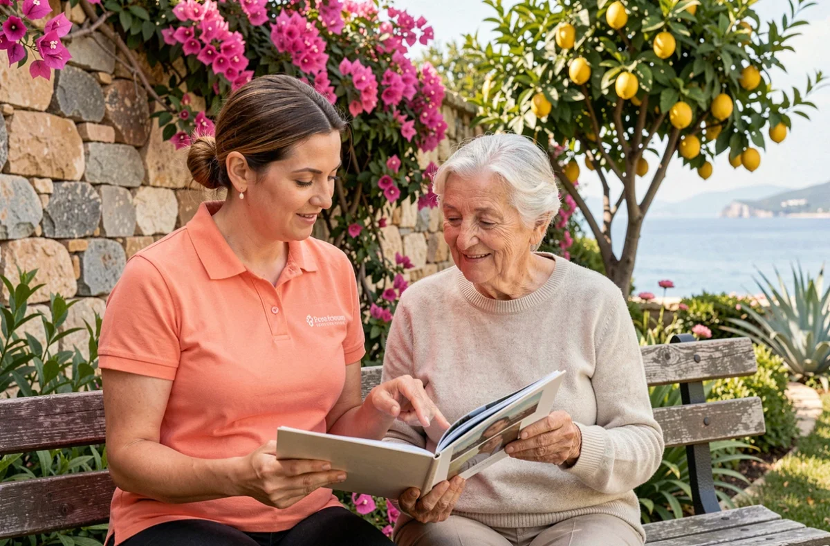 Une accompagnatrice Senior Compagnie partage un album photo avec une femme âgée dans un jardin méditerranéen fleuri à Antibes