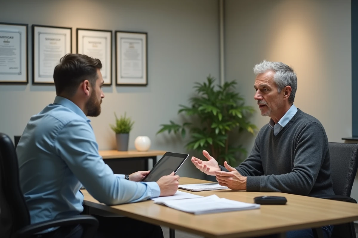 Homme senior en consultation avec un conseiller financier pour préparer sa retraite, discutant de ses droits et de ses options de départ