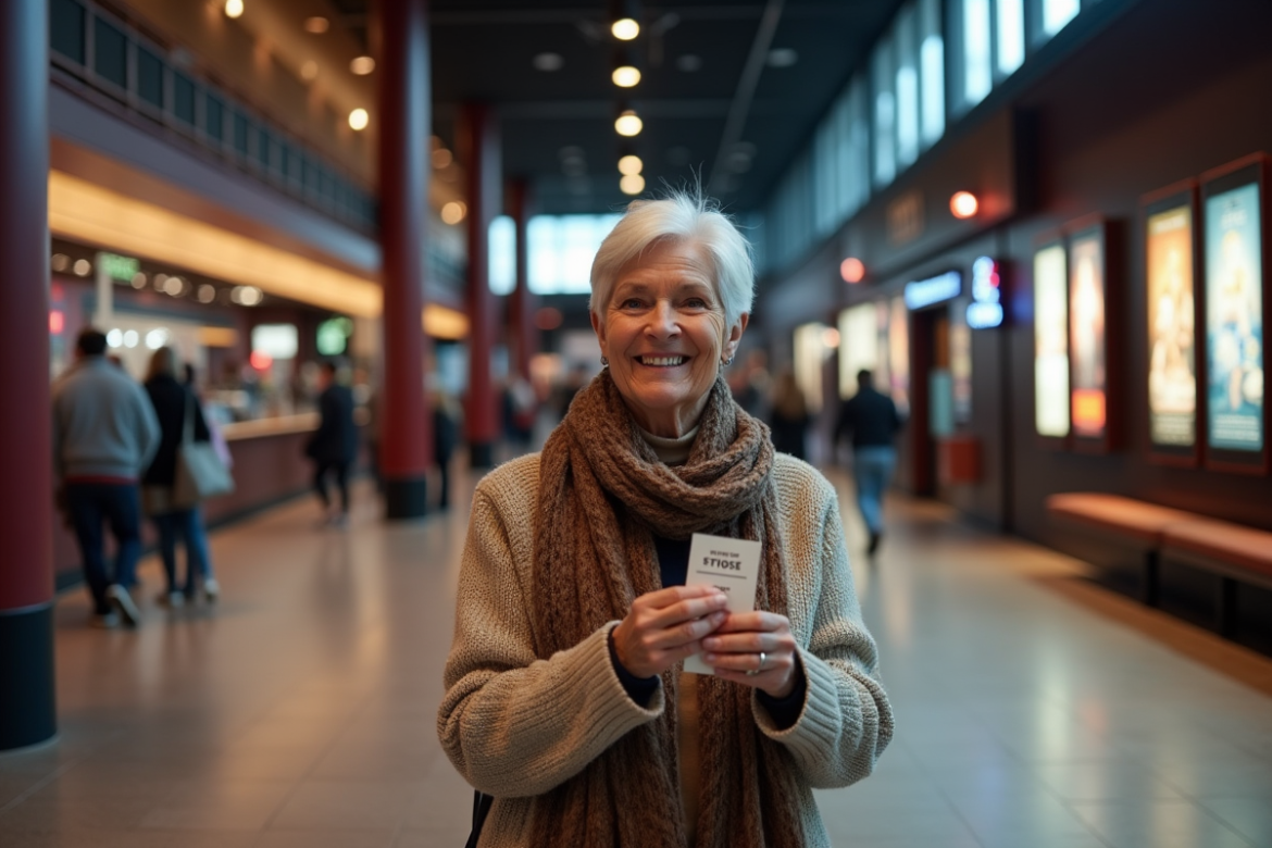 Femme senior souriante dans un cinéma moderne avec ticket