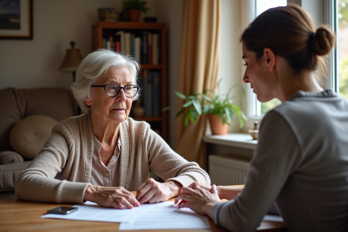 Femme senior discutant de papiers avec une assistante sociale