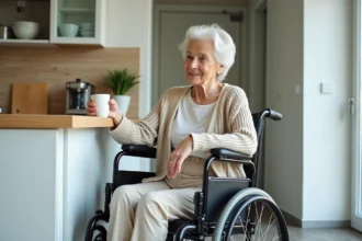 Femme âgée dans un appartement accessible et moderne